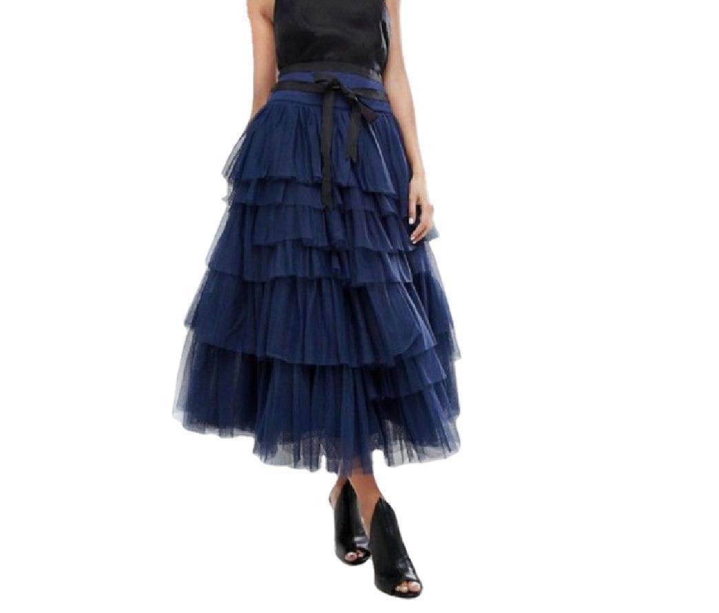 Summer Long Wave Ruffle Layered Ruched High Waist Midi tulle Skirt - Velora