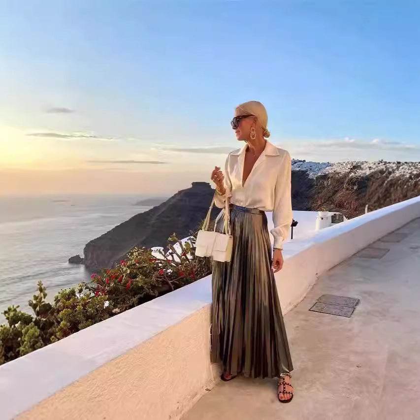 Satin Long Sleeve Shirt & Glossy pleated maxi Skirt 2pcs - Velora