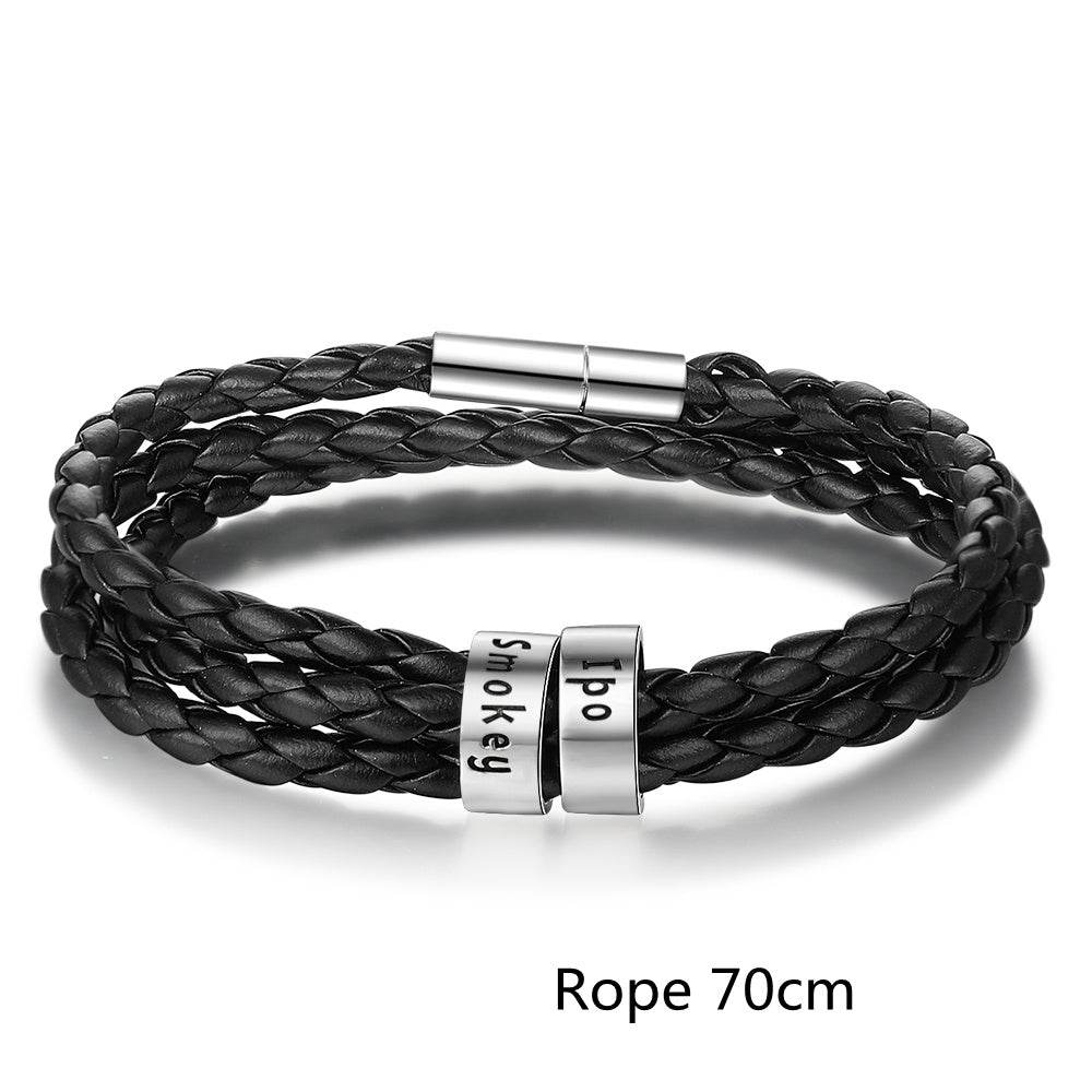 Personalized Mens Braided Genuine Leather Bracelet Stainless Steel Custom Beads Name Charm Bracelet For Men With Family Names - Velora