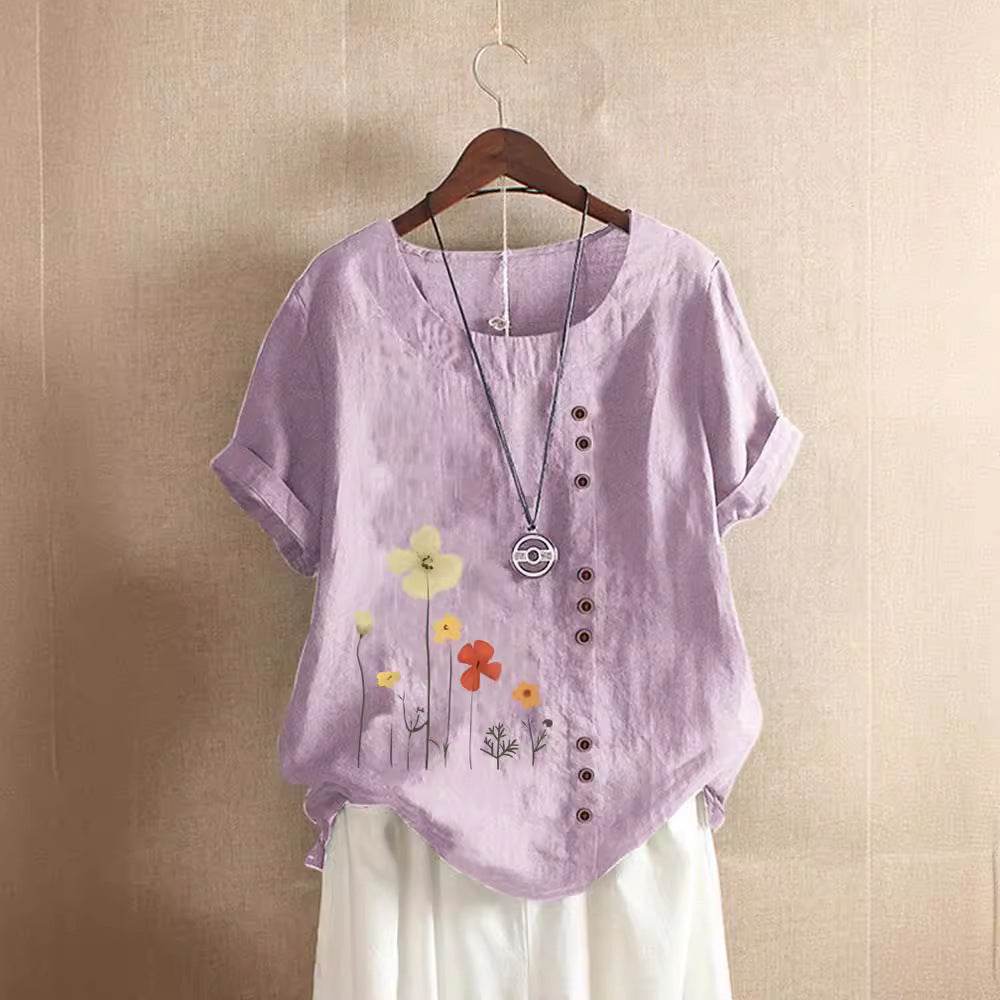 Casual Summer Beach Cotton And Linen Printed Elegant Short Sleeve blouse Top Women - Velora