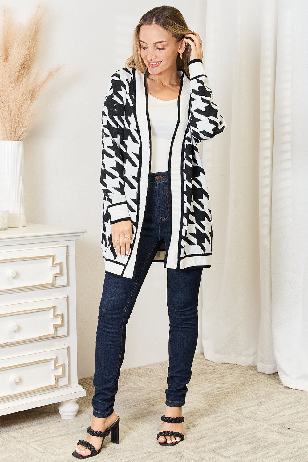 Mandy Woven Right Houndstooth Open Front Longline Cardigan - Velora