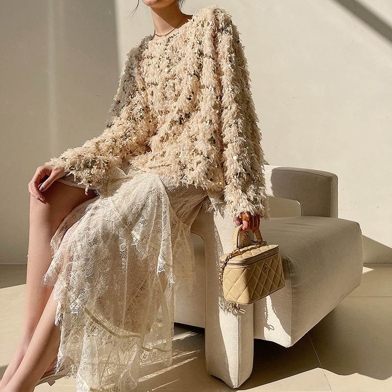 Women's Layered Tulle Midi Skirt, Irregular Lace Cake Skirt, Champagne, Spring Summer