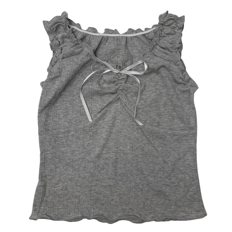 Camisole Wooden Ear Bow Flounce Trim Lace Up Vest For Women - Velora