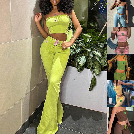 Fashion Summer Suit Embroidery Tube Top And High Waist Drawstring Bell-bottomed Pants Two-piece Set Womens Clothing - Velora