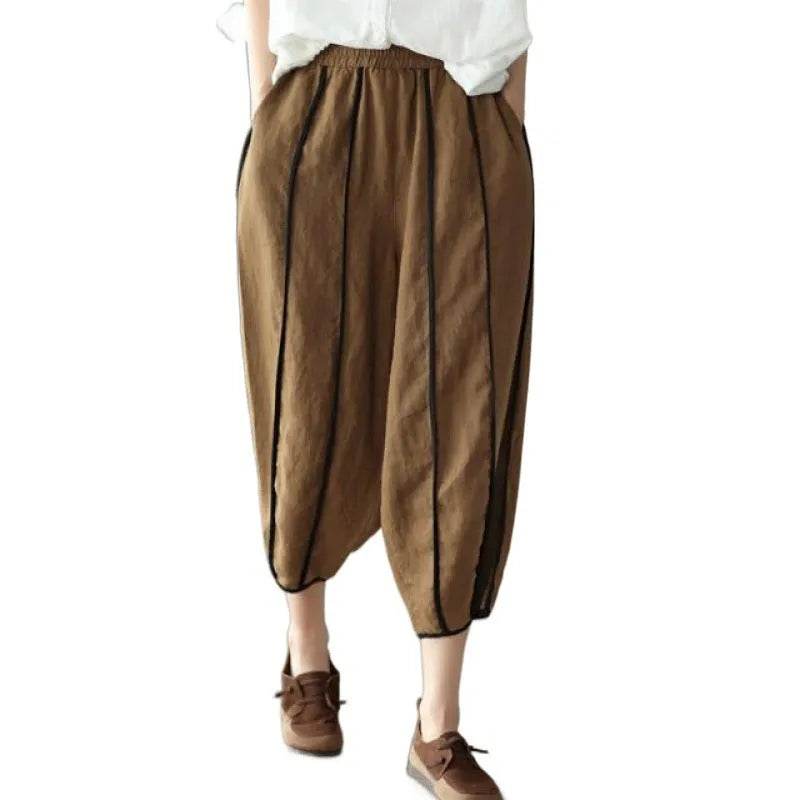 Summer Thin Striped Cotton And Linen Cropped trouser Pants For Women - Velora