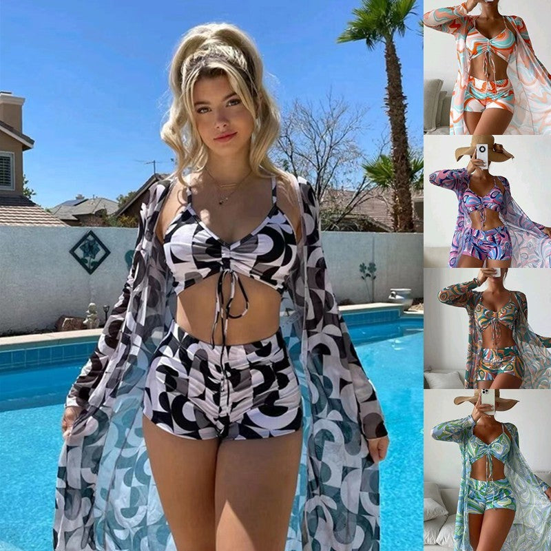 3pcs Pring Bikini With Long Sleeve Cardigan Fashion Summer Beach Swimsuit Women - Velora Luxury Fashion