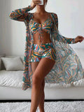 3pcs Pring Bikini With Long Sleeve Cardigan Fashion Summer Beach Swimsuit Women - Velora Luxury Fashion