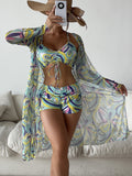 3pcs Pring Bikini With Long Sleeve Cardigan Fashion Summer Beach Swimsuit Women - Velora Luxury Fashion