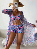 3pcs Pring Bikini With Long Sleeve Cardigan Fashion Summer Beach Swimsuit Women - Velora Luxury Fashion