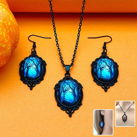 3pcs Vintage Halloween Tree Of Life And Witch Necklace Set With Earrings Alloy Pendant Jewelry - Velora