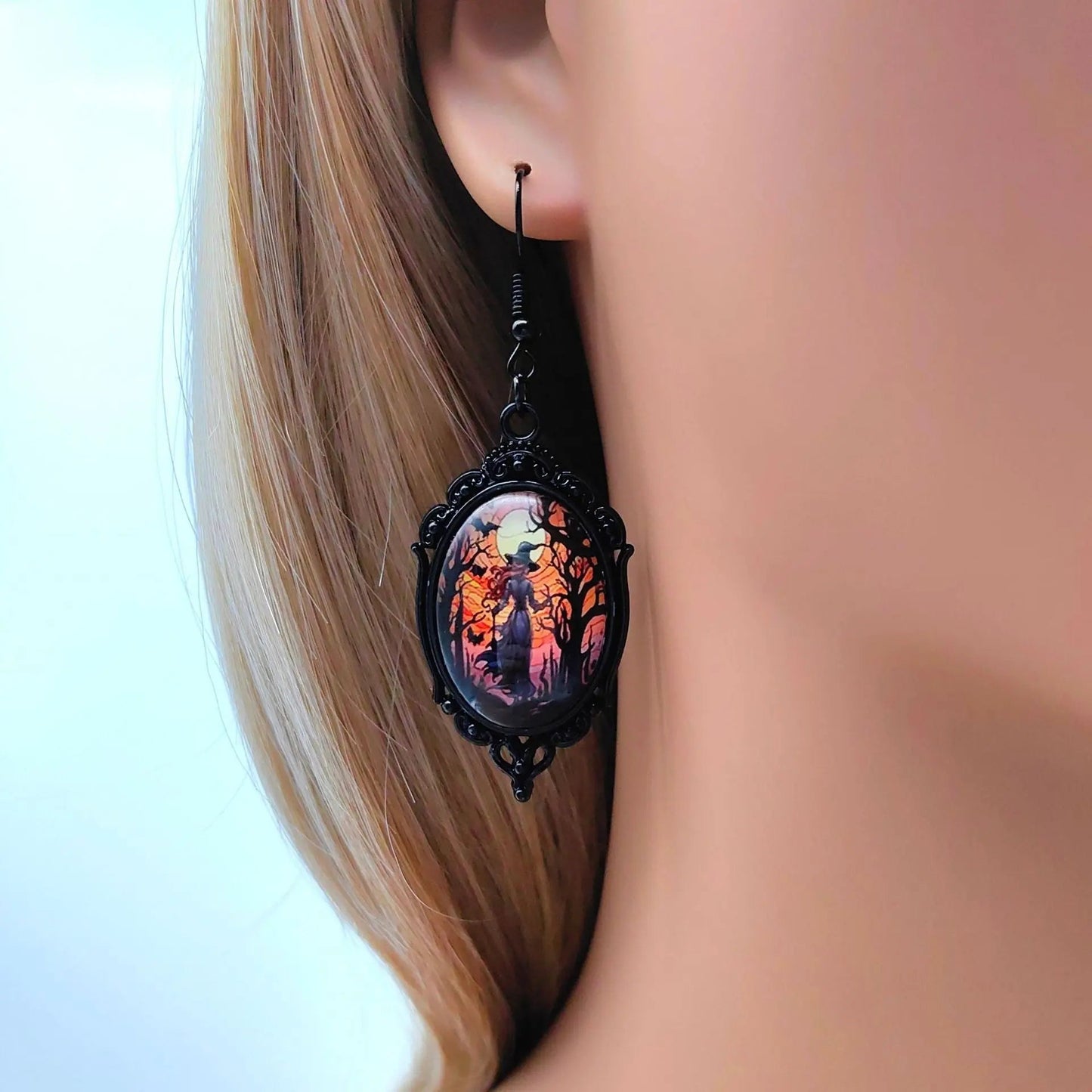 3pcs Vintage Halloween Tree Of Life And Witch Necklace Set With Earrings Alloy Pendant Jewelry - Velora
