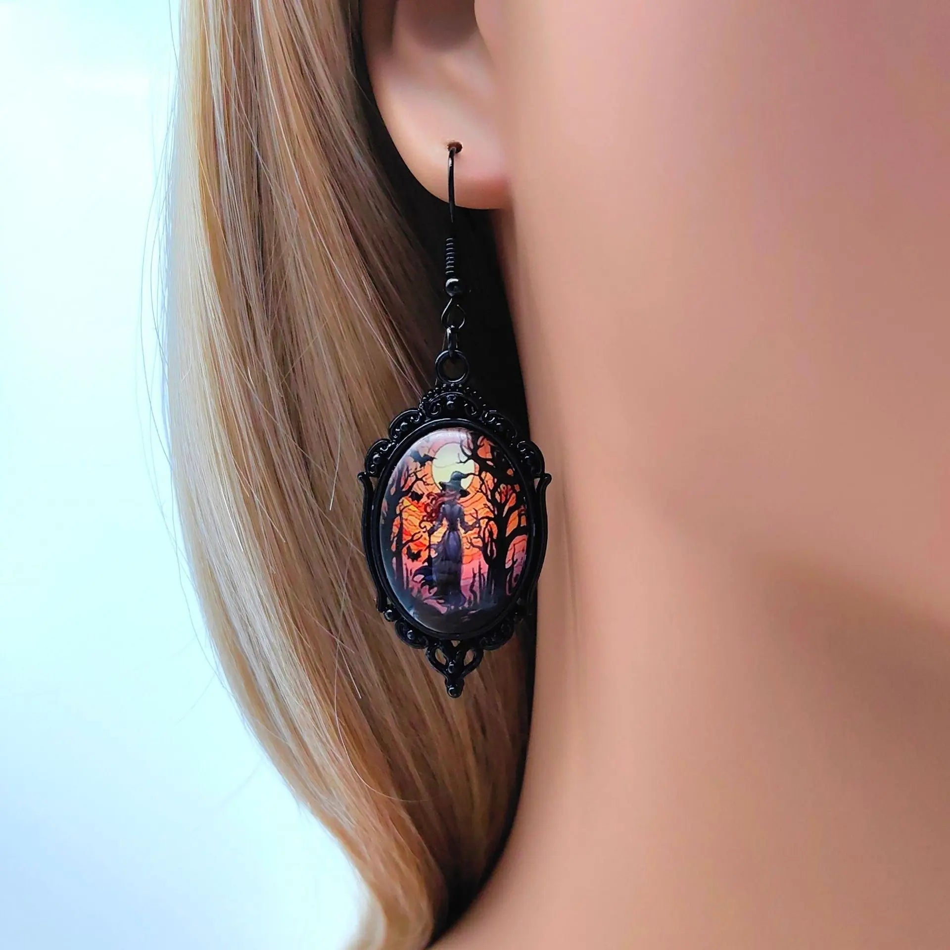 3pcs Vintage Halloween Tree Of Life And Witch Necklace Set With Earrings Alloy Pendant Jewelry - Velora