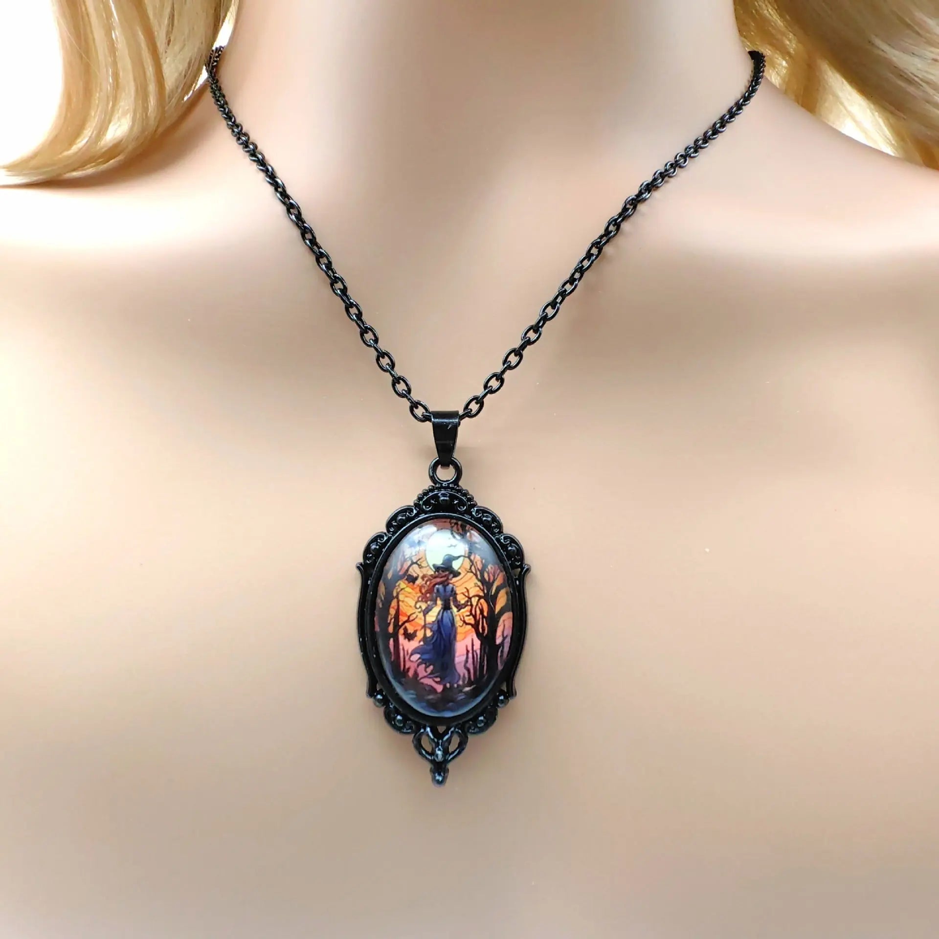 3pcs Vintage Halloween Tree Of Life And Witch Necklace Set With Earrings Alloy Pendant Jewelry - Velora