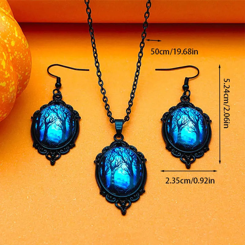 3pcs Vintage Halloween Tree Of Life And Witch Necklace Set With Earrings Alloy Pendant Jewelry - Velora