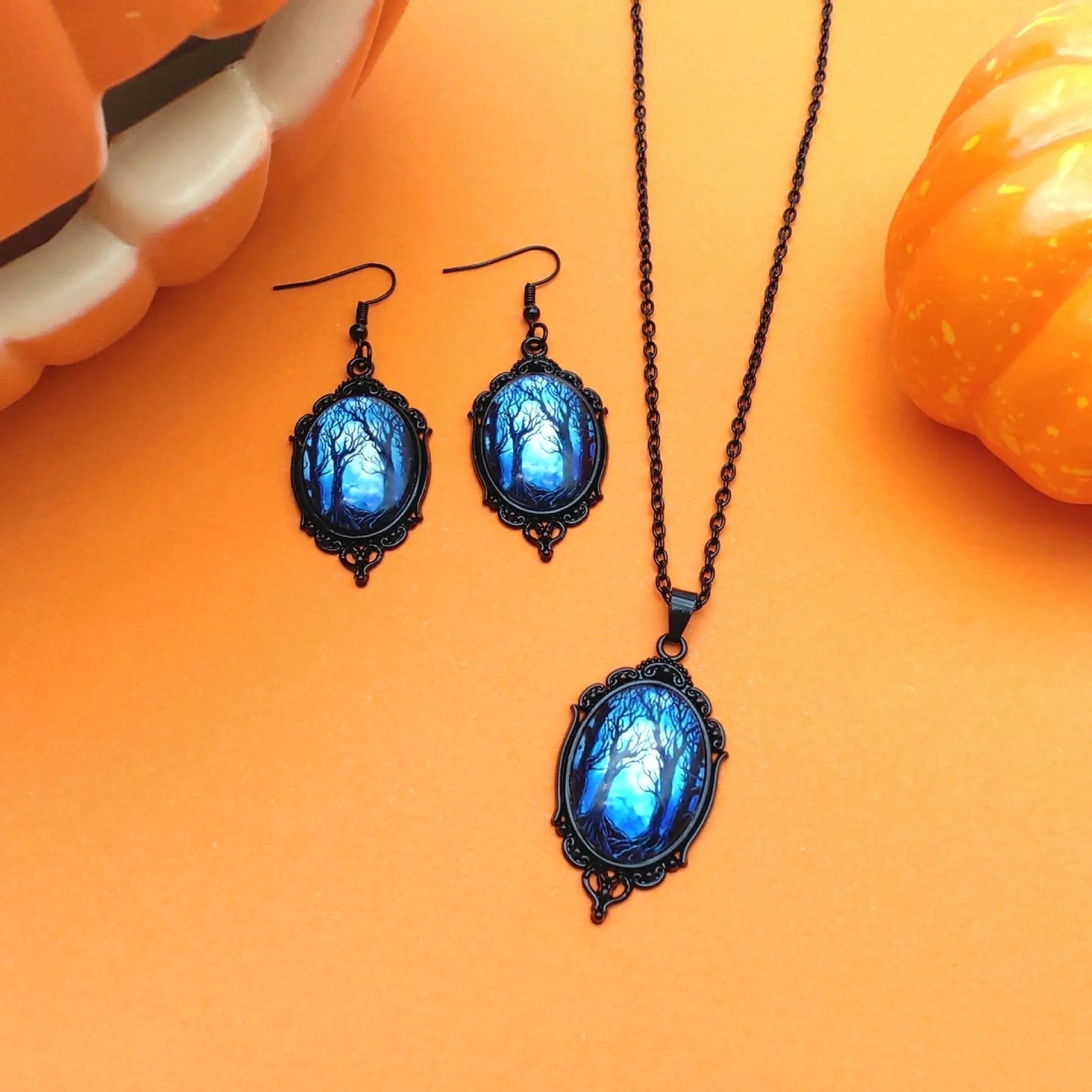 3pcs Vintage Halloween Tree Of Life And Witch Necklace Set With Earrings Alloy Pendant Jewelry - Velora