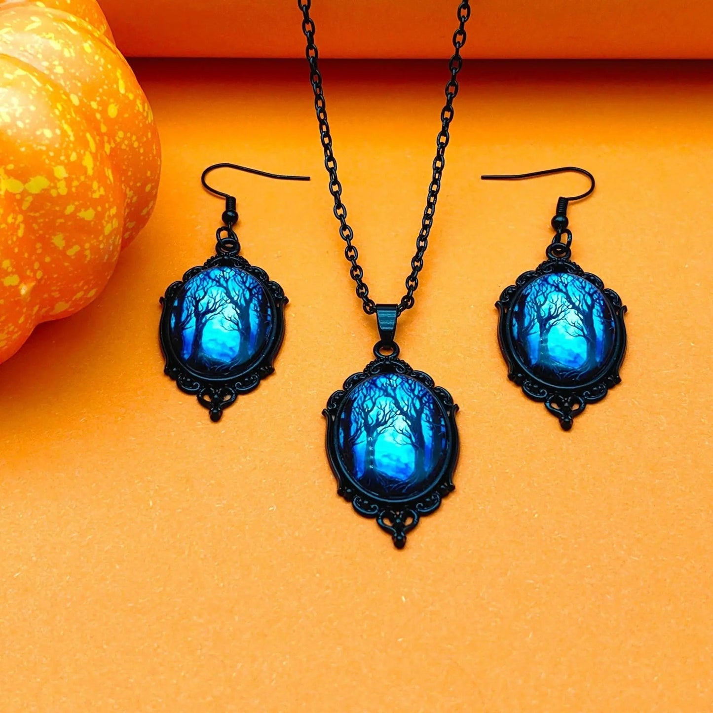 3pcs Vintage Halloween Tree Of Life And Witch Necklace Set With Earrings Alloy Pendant Jewelry - Velora