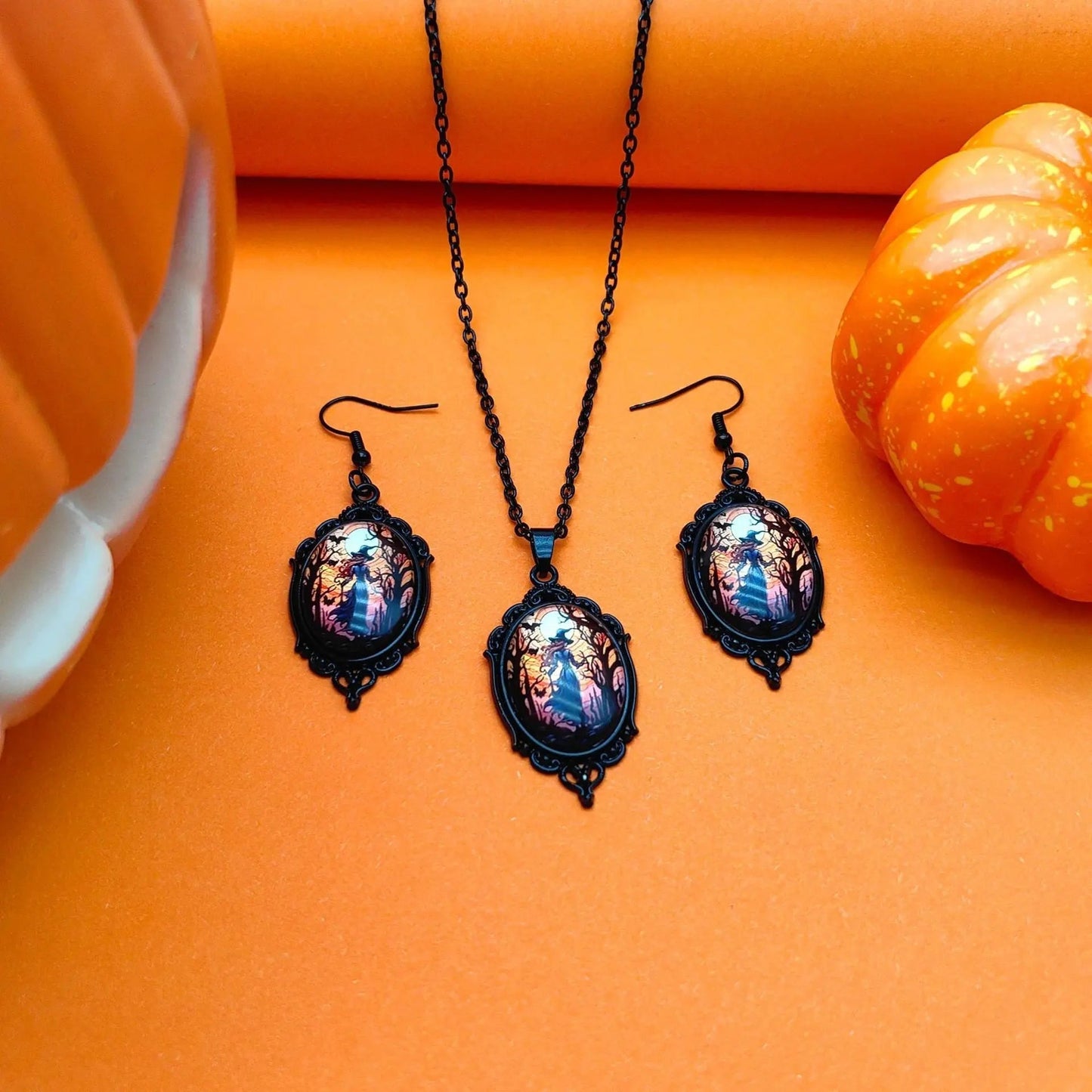 3pcs Vintage Halloween Tree Of Life And Witch Necklace Set With Earrings Alloy Pendant Jewelry - Velora
