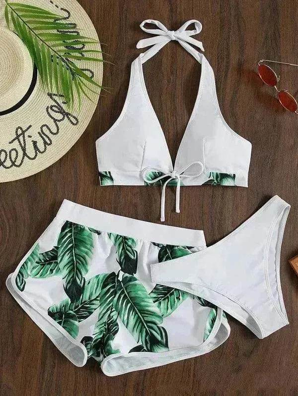 3pcs Leaf Print Bikini With Shorts Fashion Summer Beach Swimsuit Womens Clothing - Velora
