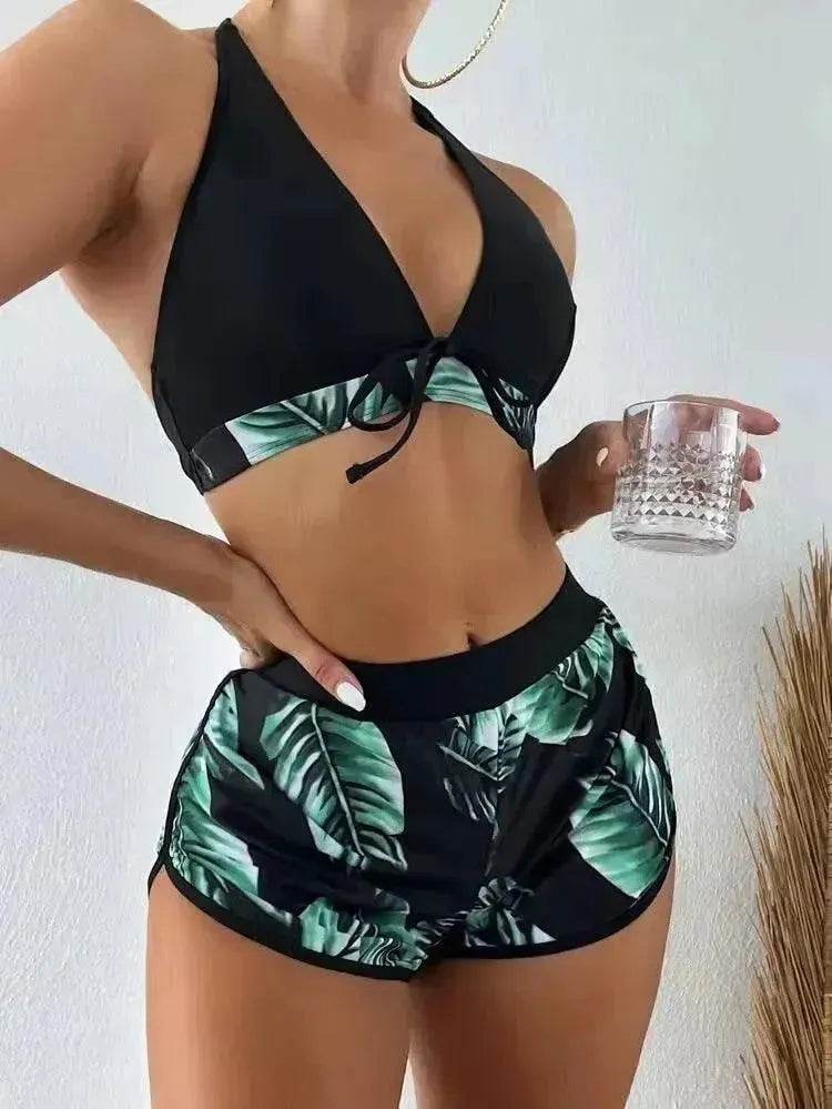 3pcs Leaf Print Bikini With Shorts Fashion Summer Beach Swimsuit Womens Clothing - Velora