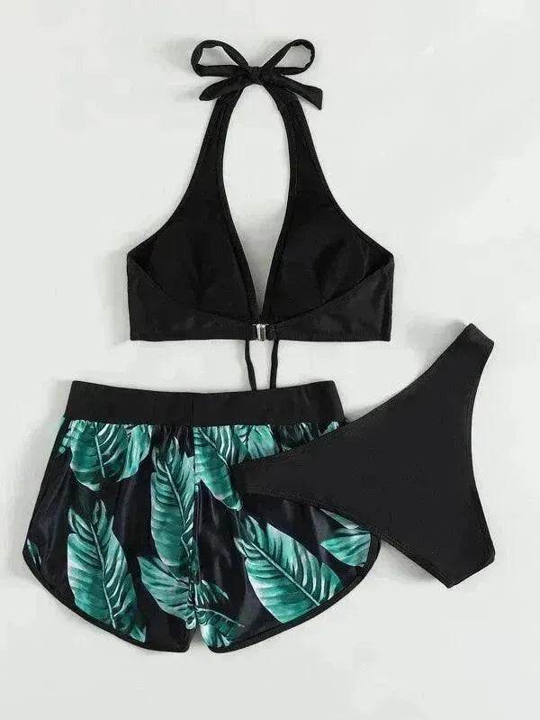 3pcs Leaf Print Bikini With Shorts Fashion Summer Beach Swimsuit Womens Clothing - Velora