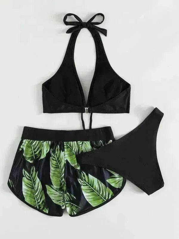 3pcs Leaf Print Bikini With Shorts Fashion Summer Beach Swimsuit Womens Clothing - Velora
