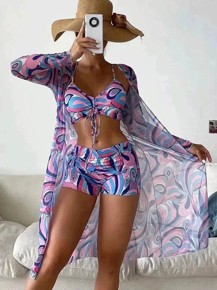 3pcs Pring Bikini With Long Sleeve Cardigan Fashion Summer Beach Swimsuit Women - Velora