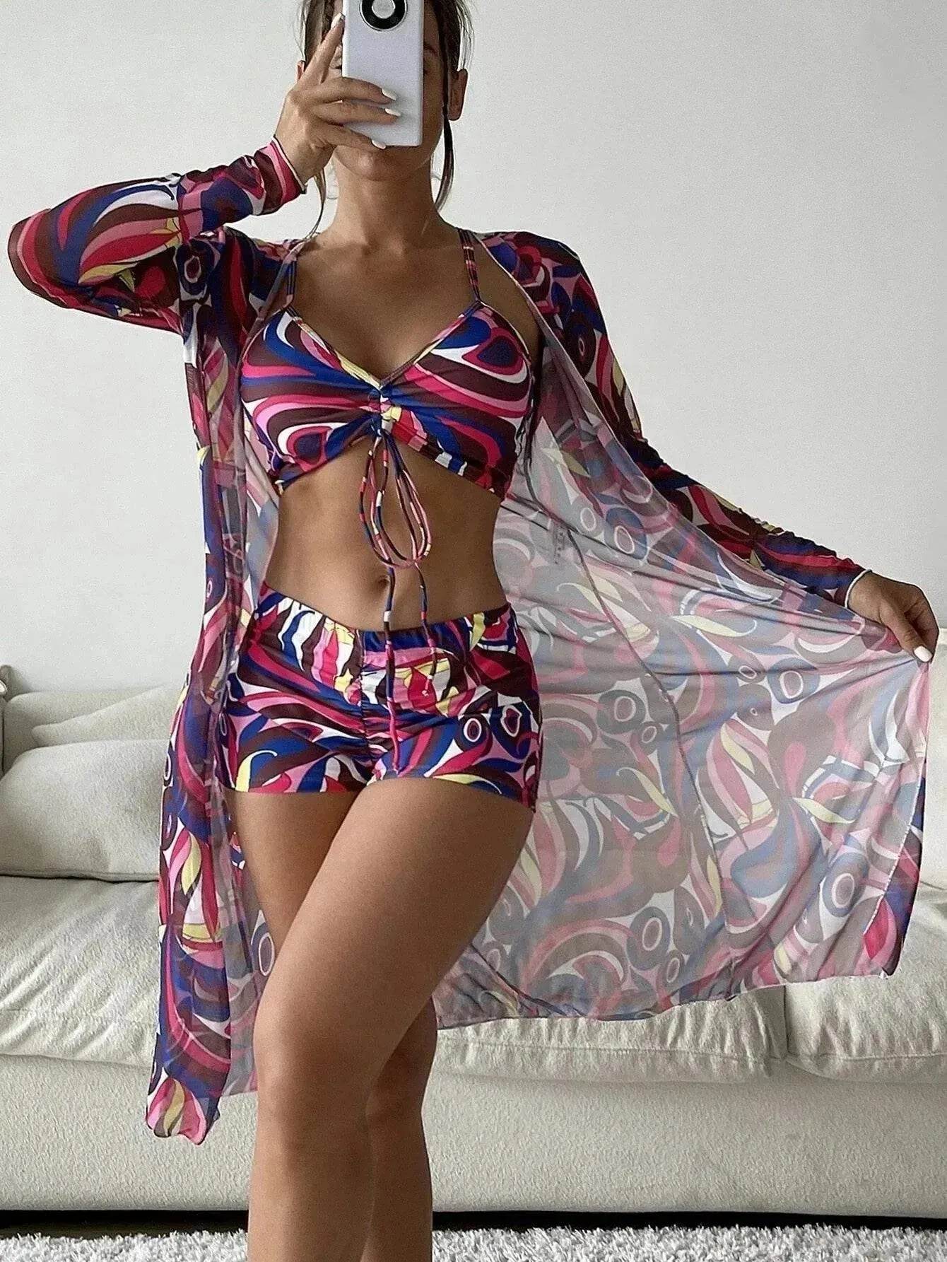 3pcs Pring Bikini With Long Sleeve Cardigan Fashion Summer Beach Swimsuit Women - Velora