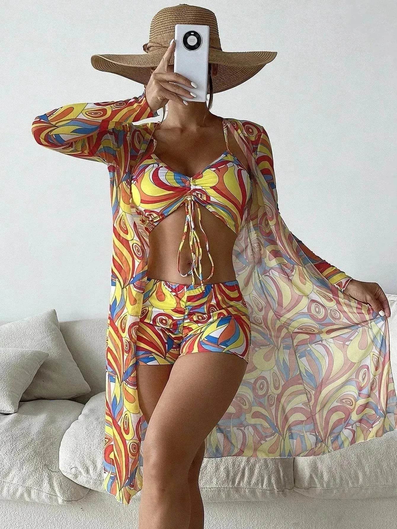 3pcs Pring Bikini With Long Sleeve Cardigan Fashion Summer Beach Swimsuit Women - Velora
