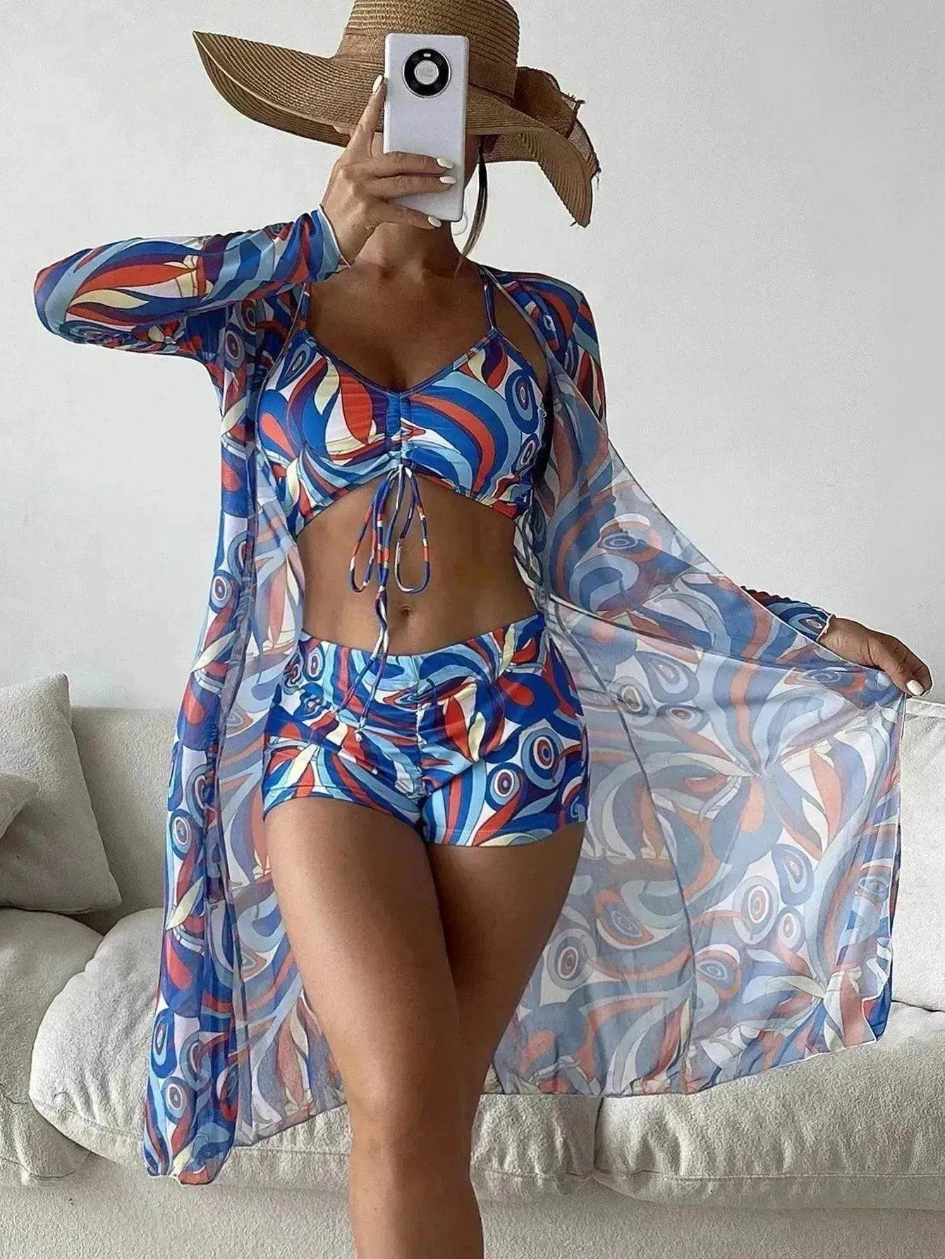 3pcs Pring Bikini With Long Sleeve Cardigan Fashion Summer Beach Swimsuit Women - Velora