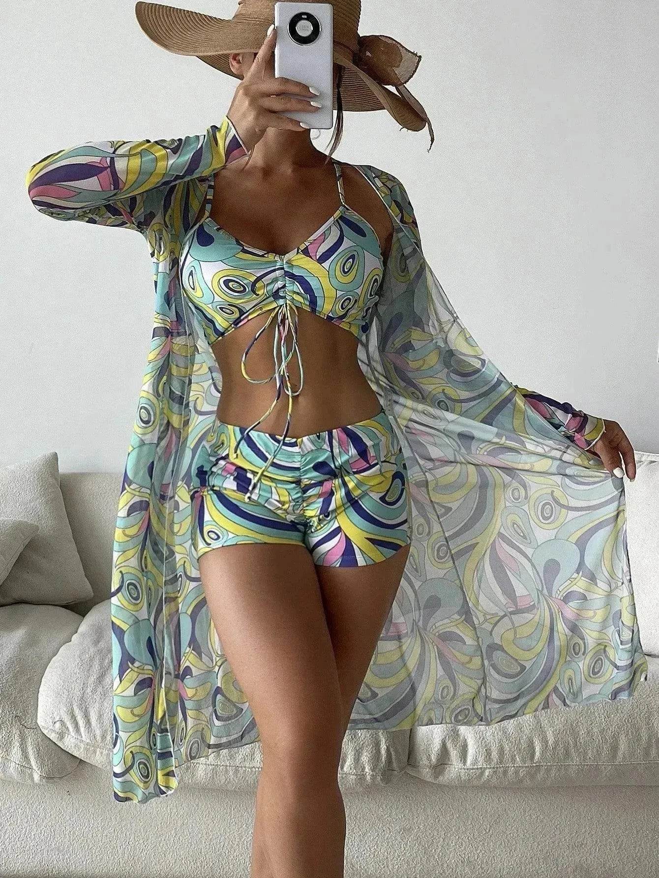 3pcs Pring Bikini With Long Sleeve Cardigan Fashion Summer Beach Swimsuit Women - Velora