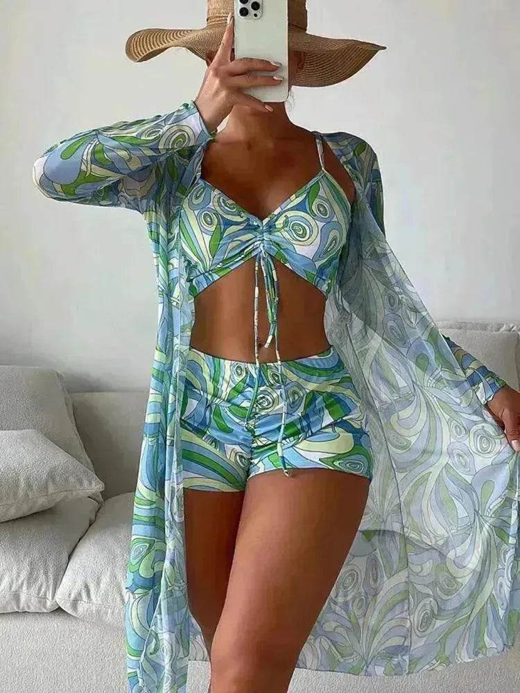 3pcs Pring Bikini With Long Sleeve Cardigan Fashion Summer Beach Swimsuit Women - Velora