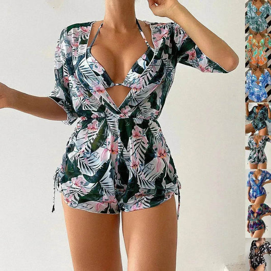 3pcs V-neck Swimsuit Suits Summer Leaf Print Waist-tie Bikini Fashion Long-sleeved Beach Sun-protection Clothing Womens - Velora