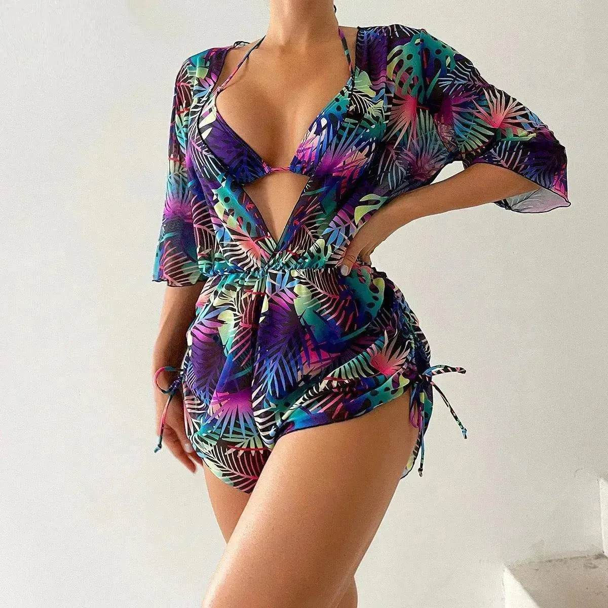 3pcs V-neck Swimsuit Suits Summer Leaf Print Waist-tie Bikini Fashion Long-sleeved Beach Sun-protection Clothing Womens - Velora