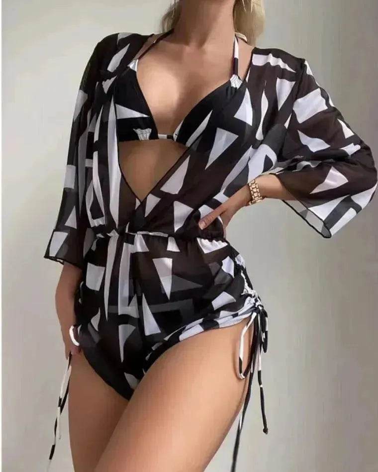 3pcs V-neck Swimsuit Suits Summer Leaf Print Waist-tie Bikini Fashion Long-sleeved Beach Sun-protection Clothing Womens - Velora