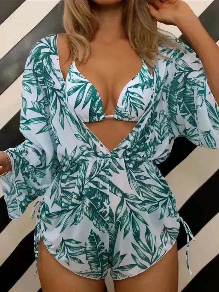 3pcs V-neck Swimsuit Suits Summer Leaf Print Waist-tie Bikini Fashion Long-sleeved Beach Sun-protection Clothing Womens - Velora