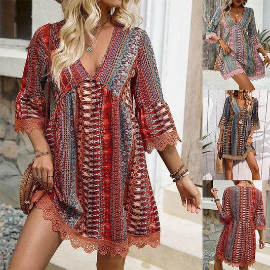 Bohemian Style V-neck Printed Dress Fashion Casual Loose Beach Dresses For Women - Velora