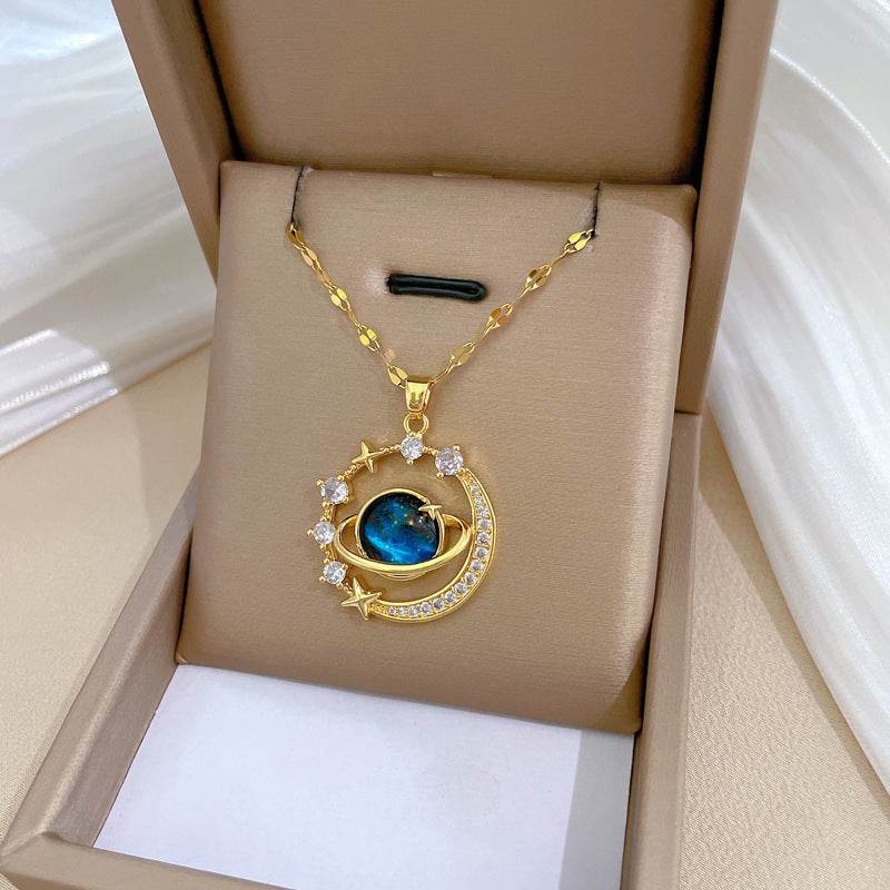 Stainless Steel Starry Sky Planet Astronaut Necklace For Women Light Luxurious Temperament Star Metal Chain Jewelry Gift - Velora