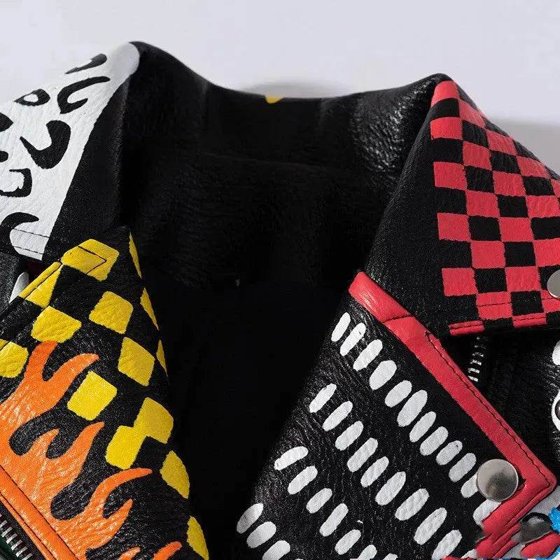 Printed Hit Color Jacket Motorcycle Leather Jacket Women's Suit Collar Trendy Jacket - Velora