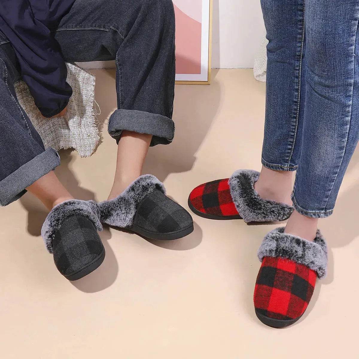 Winter Warm Plaid Plush Slippers Home Indoor Non-slip Bedroom Floor Soft Fuzzy Slipper For Couple Fashion Solid House Shoes - Velora