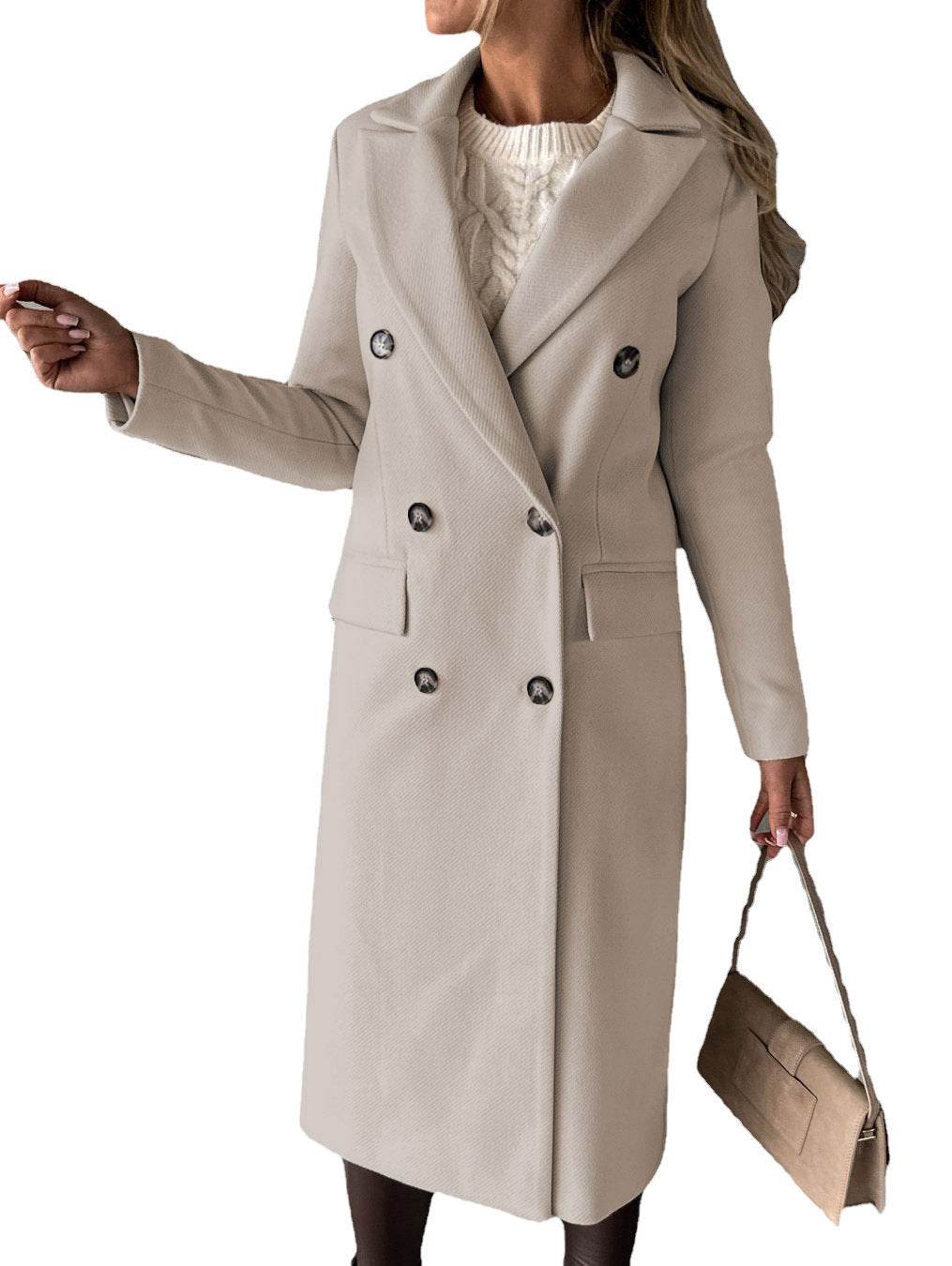 Long Sleeve Lapel Coat Winter Fashion Solid Double Breasted Slim Long Jacket Womens Clothing - Velora