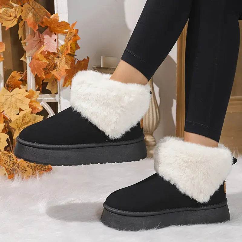 Winter Plush Snow Boots Fashion Round Toe Flat Thickened Suede Cotton Shoes For Women Casual Warm Short Boot - Velora