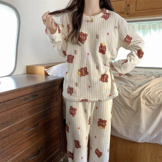2pcs Women's Fall Winter Warm Pajamas Sets Coral Long Sleeve Cute Cartoon Bear Sleepwear Nightclothes - Velora