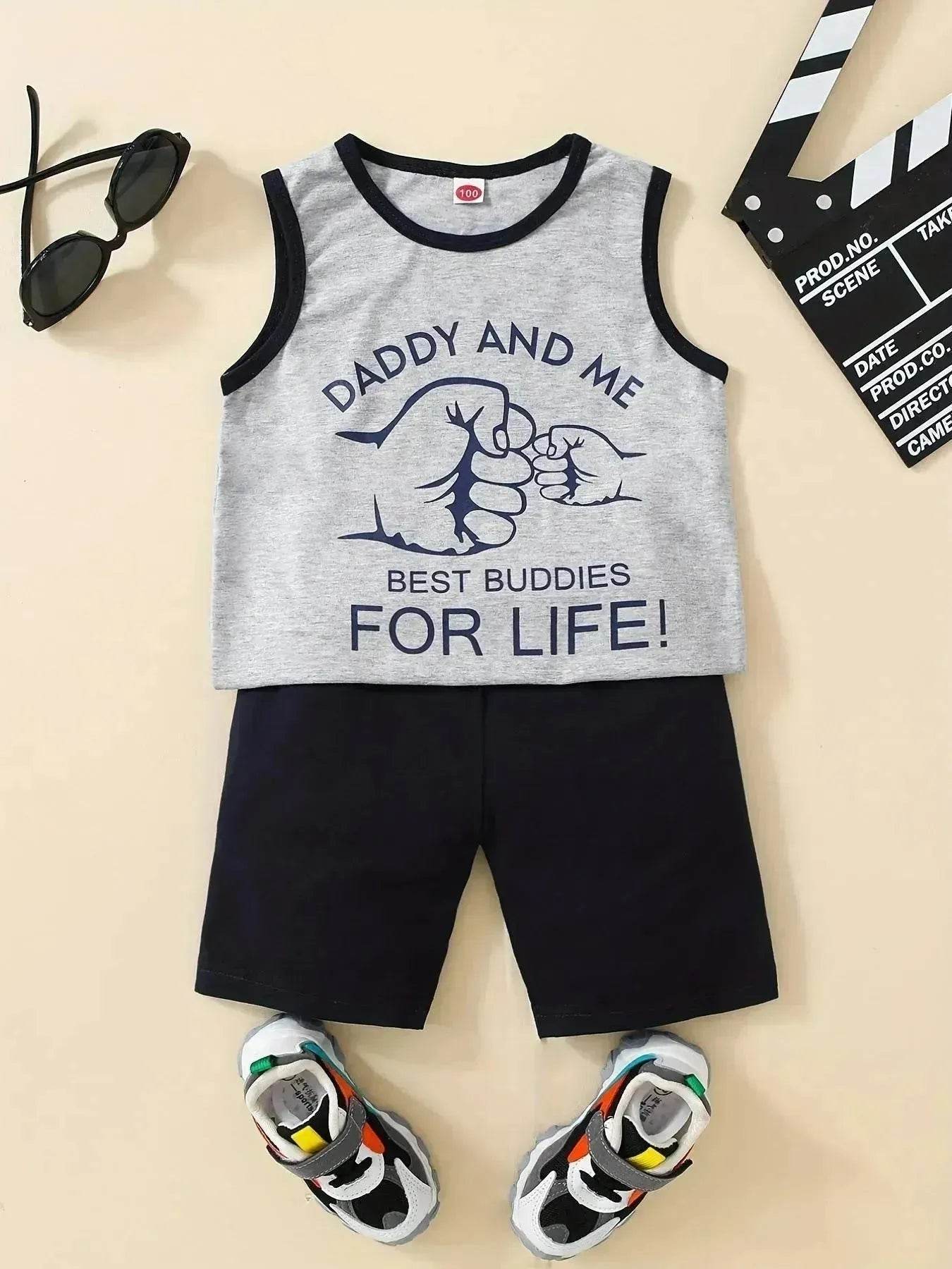 Summer Trendy Boys Letter Fist Print Sleeveless Casual Pants Suit Sleeveless two piece for boys Daddy and me outfit - Velora