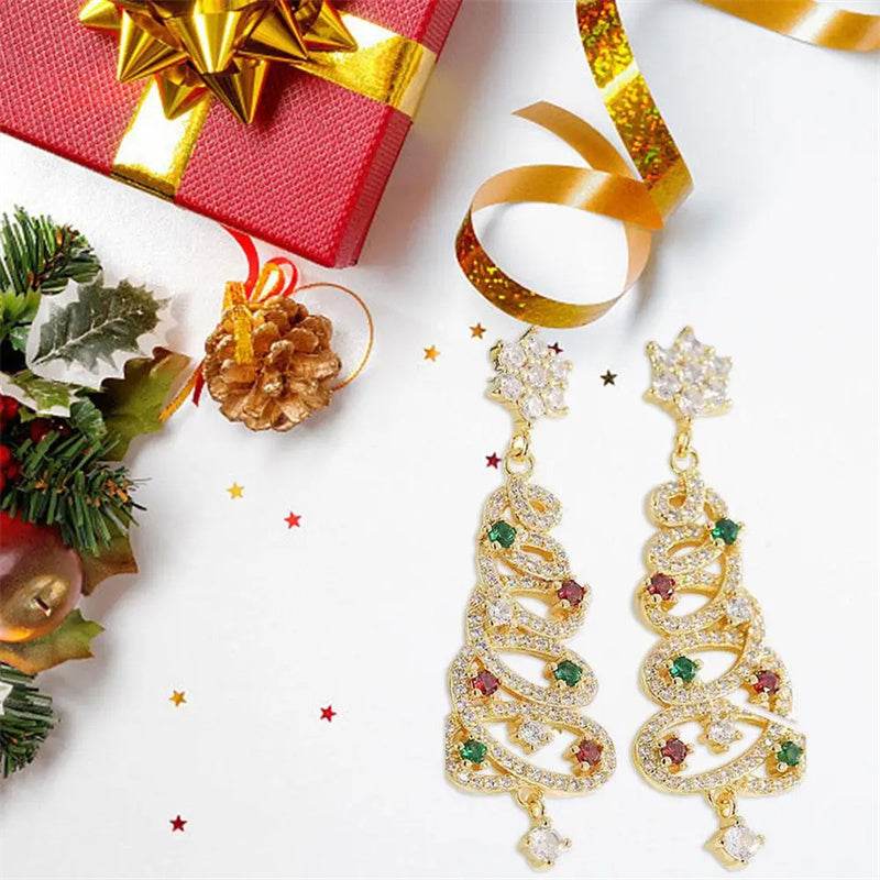 New Full Inlaid Colorful Zircon Christmas Tree Tassel Earrings Women's Fashion Personality Earrings Party Jewelry Christmas Gift - Velora