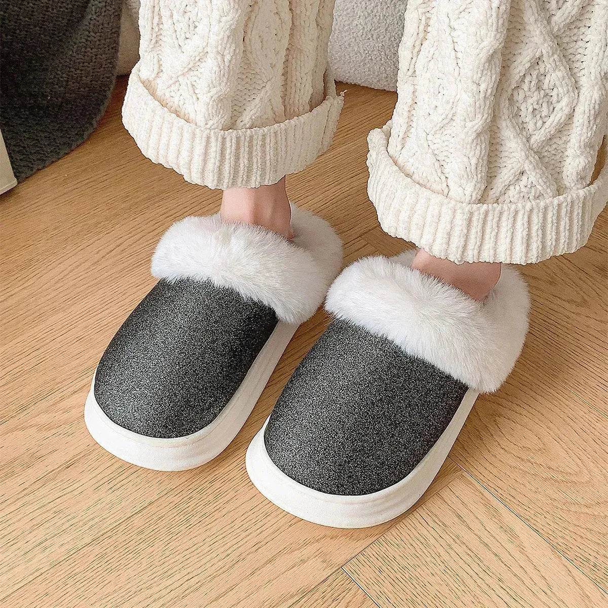 Fashion Frosted Sequined Plush Slippers Winter Warm Home Indoor Non-slip Bedroom Floor Fuzzy Slipper For Couple Women House Shoes - Velora