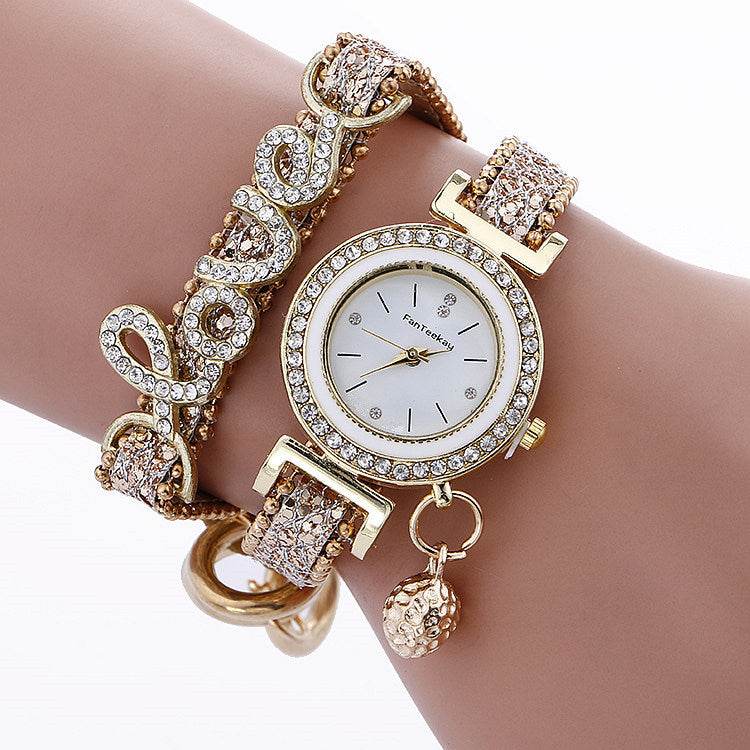 Fashion Women Rhinestone Leather Bracelet watch - Velora