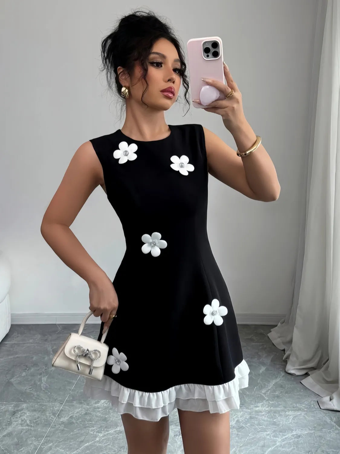 Flower Round Neck Sleeveless Dress - Velora
