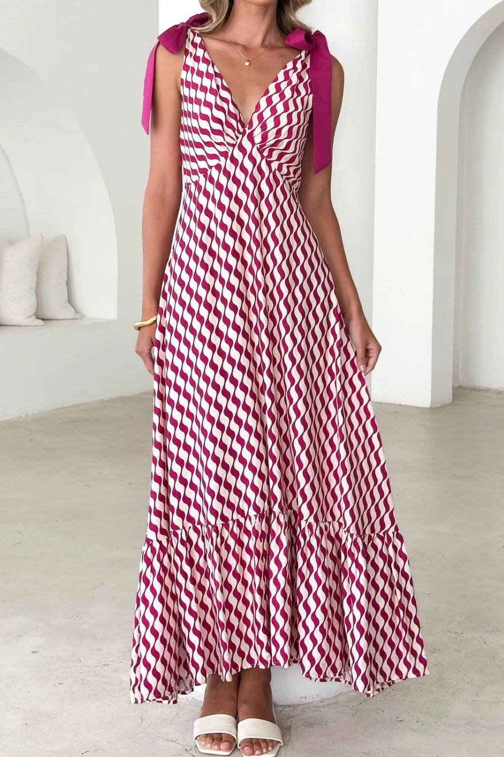 Printed V-Neck Tie Shoulder Midi Cami Dress - Velora