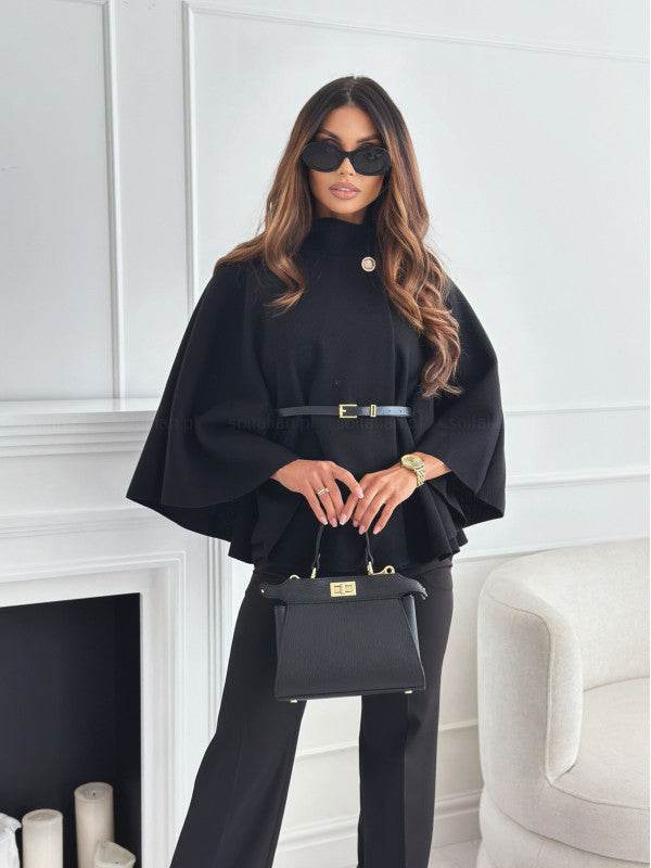 New Stand Collar Batwing Sleeves Cloak Top With Belt Ins Fashion Temperament Jacket Woolen Sweater Outwear For Women Clothing - Velora