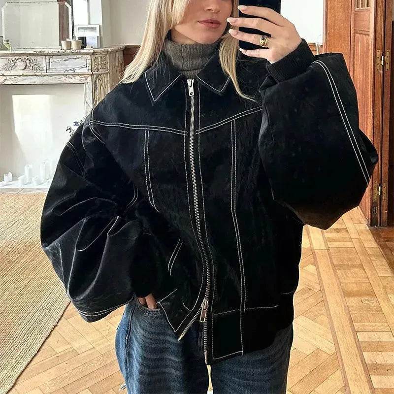 Oversized Fashion Zip-up Lapel Leather Jacket for women - Velora